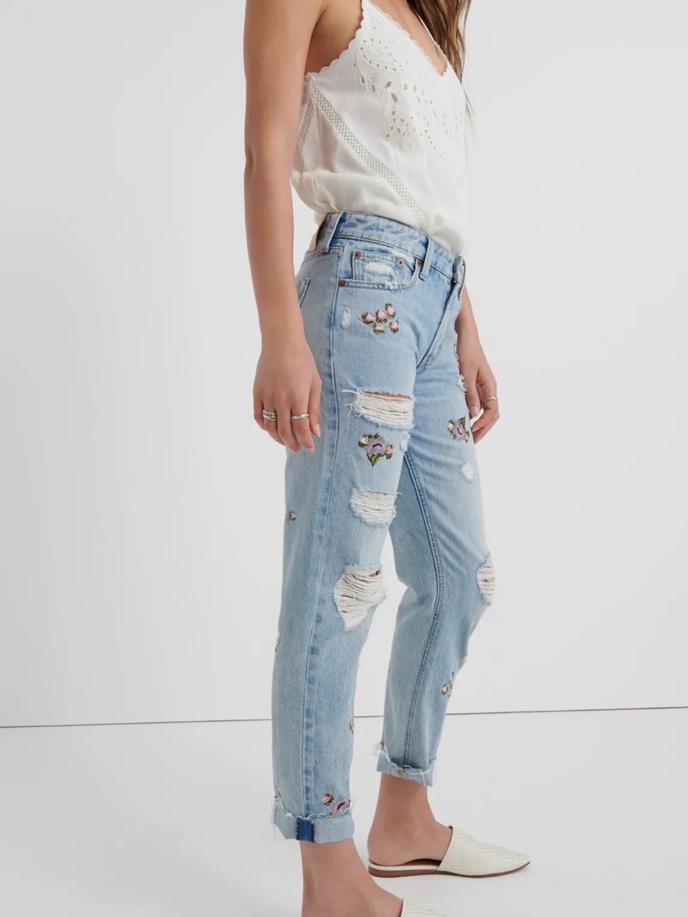 Lucky Brand Sienna Slim Boyfriend Jeans with Floral Embroidery